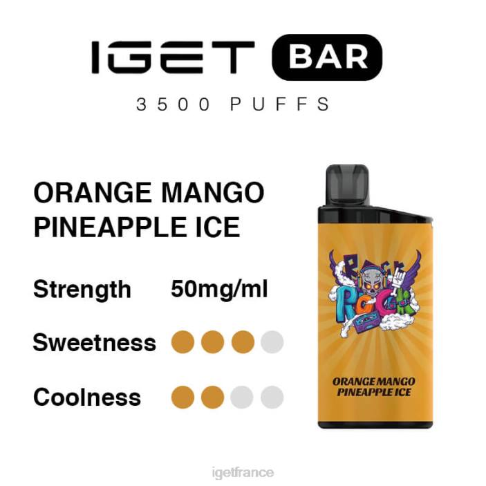 Vape France X02H290 barre IGET 3500 bouffées glace à l'ananas, à la mangue et à l'orange